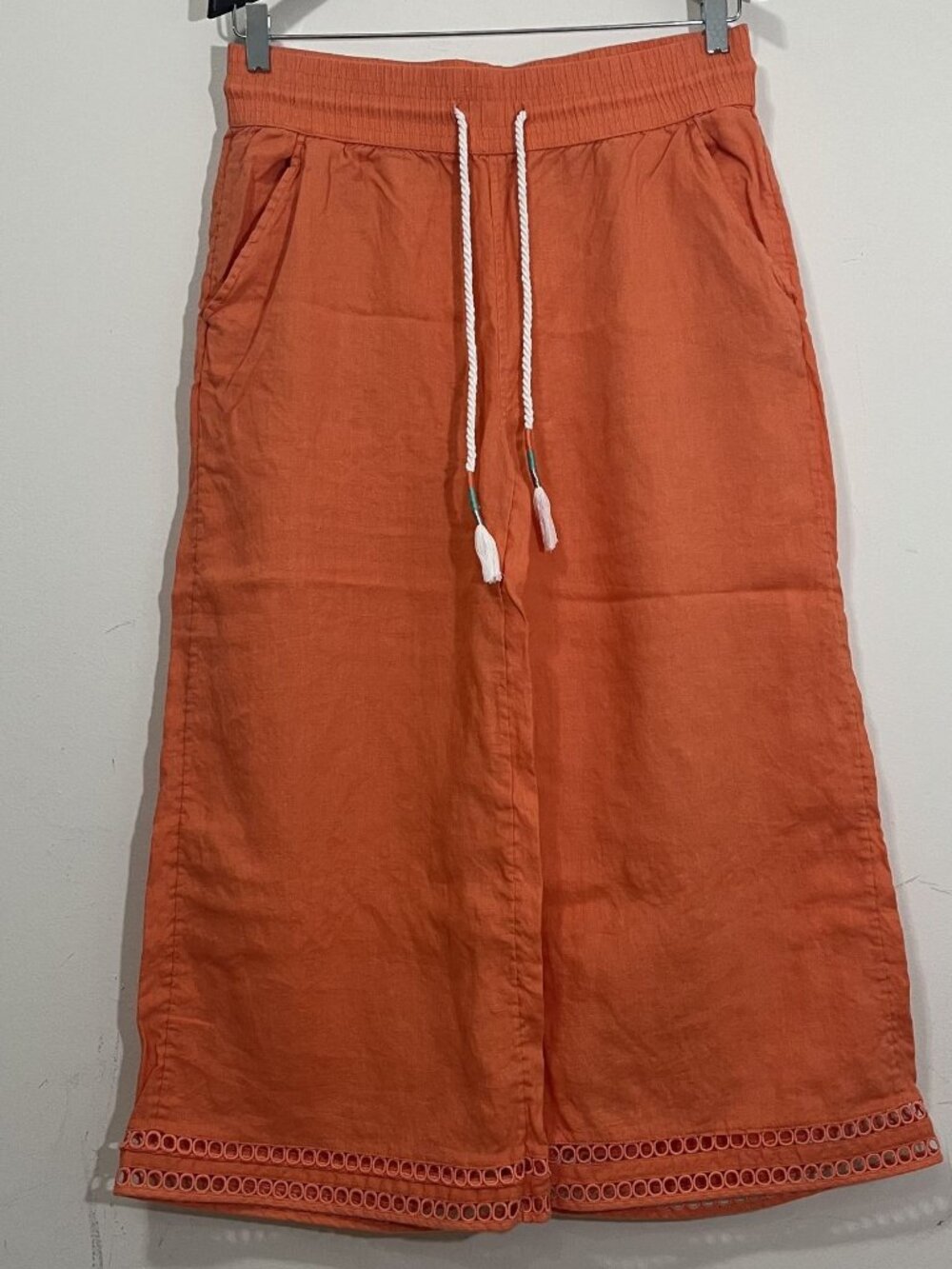Joie Coral 100% Linen Wide Leg Pants Pull On Crochet Trim Eyelet Cropped Beach